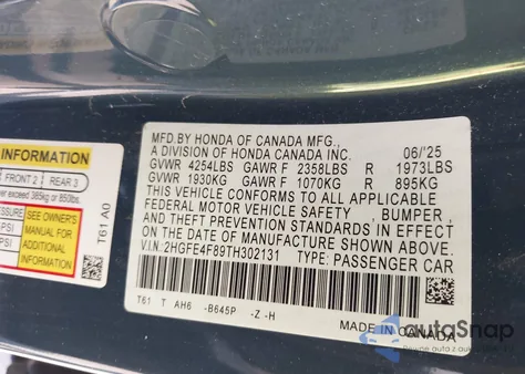 2026 Honda Civic Hybrid Sport/Sport Touring from USA, damaged, VIN 2HGFE4F89TH302131